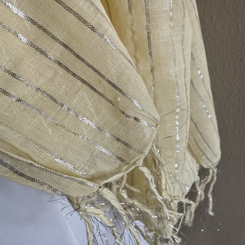 Boho Scarf Wrap Yellow Metallic Silver Cotton Fringe Festival Hippie India New - Picture 4 of 6